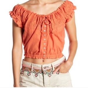 ☘️Free People Eyelet You A Lot off the shoulder top, orange, size large